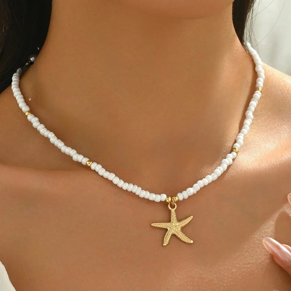 Shell and starfish choker necklace with fine white beads