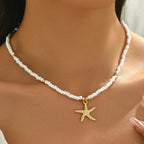 Shell and starfish choker necklace with fine white beads