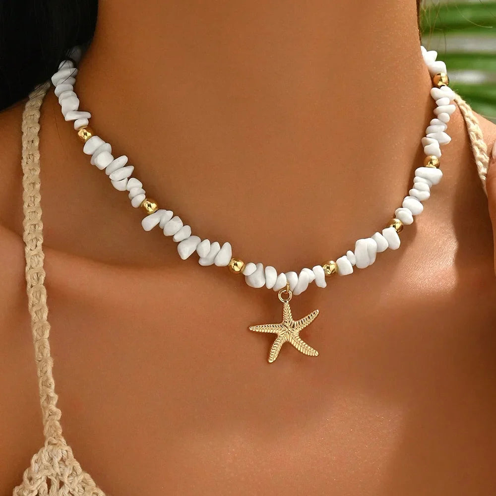 Shell and starfish choker necklace with large white beads