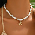 Shell and starfish choker necklace with large white beads