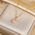 Romantic Necklace with Pink Flower Pendant and Zircon