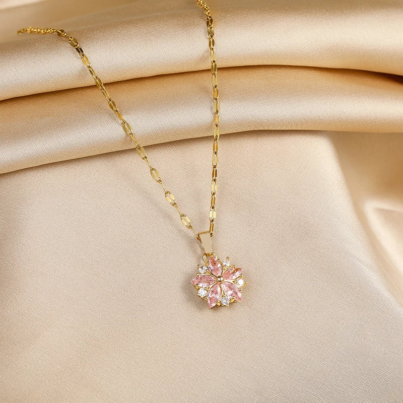 Romantic Necklace with Pink Flower Pendant and Zircon