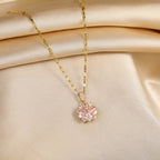 Romantic Necklace with Pink Flower Pendant and Zircon