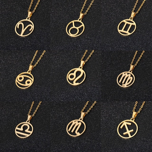 Zodiac Sign Necklace - 12 Constellations Astrology Pendant Medal for Men and Women