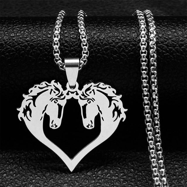 Horse Head Pendant Necklace Women Girl double horse silver