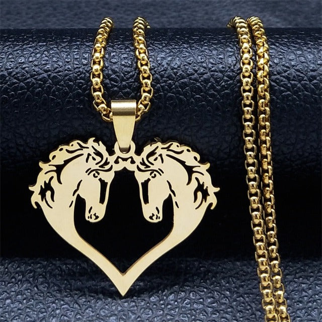 Horse Head Pendant Necklace Women Girl double horse gold