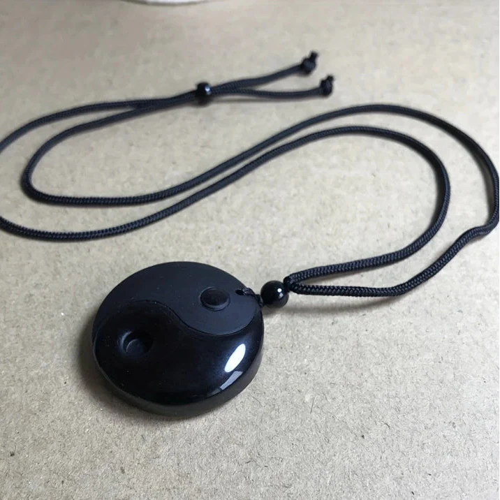 Braided Necklace with Black Obsidian Stone Yin Yang Pendant