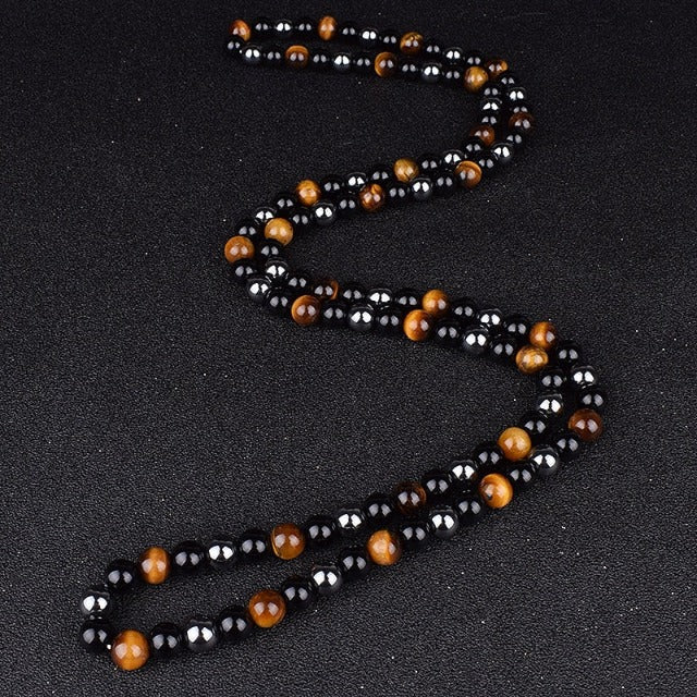 "Triple Protection" Necklace in Hematite, Tiger's Eye, and Obsidian Rosary
