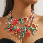 Triple-Strand Choker Necklace with Multicolored Coral