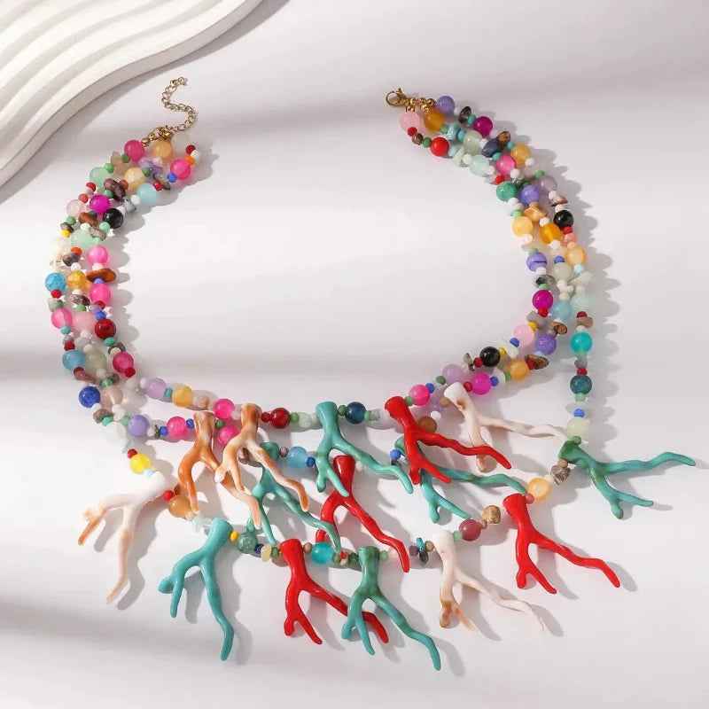 Triple-Strand Choker Necklace with Multicolored Coral