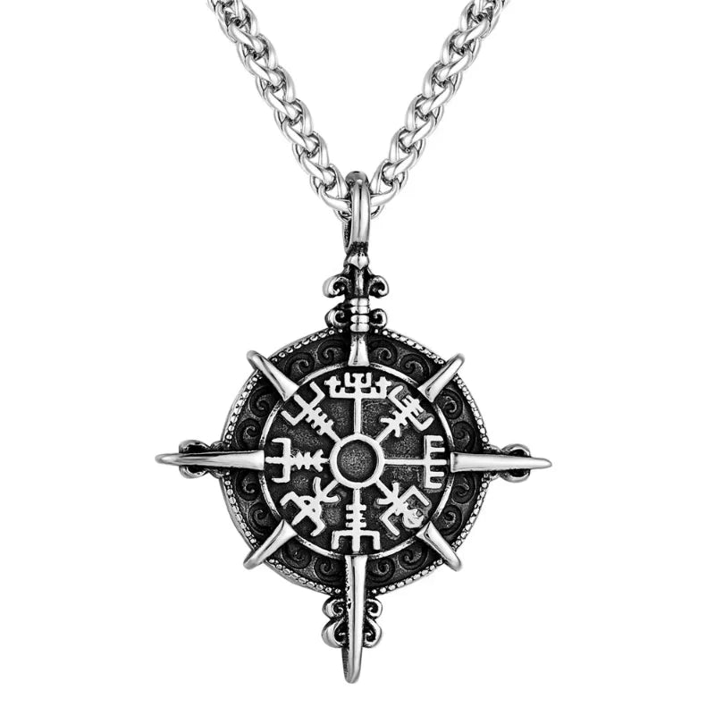 Viking Necklace with Vegvisir Compass Pendant Silver