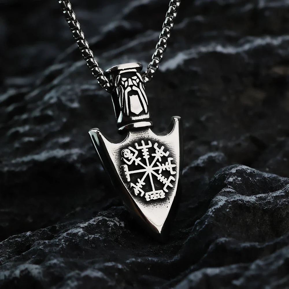 Viking Necklace with Vegvisir Arrow Pendant Silver