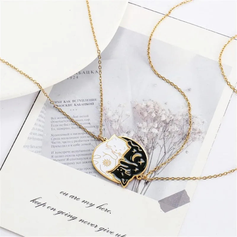Couple Necklaces Cute Cat Pendants Gold
