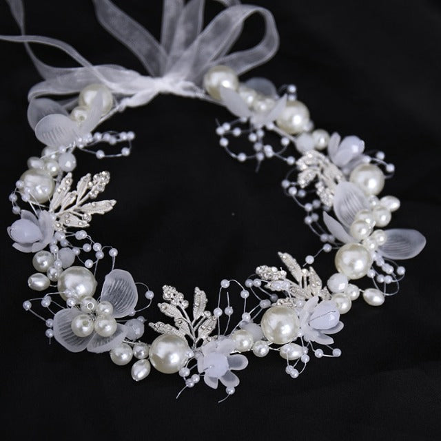 Wedding Crown with Flowers and Pearls for Women silver