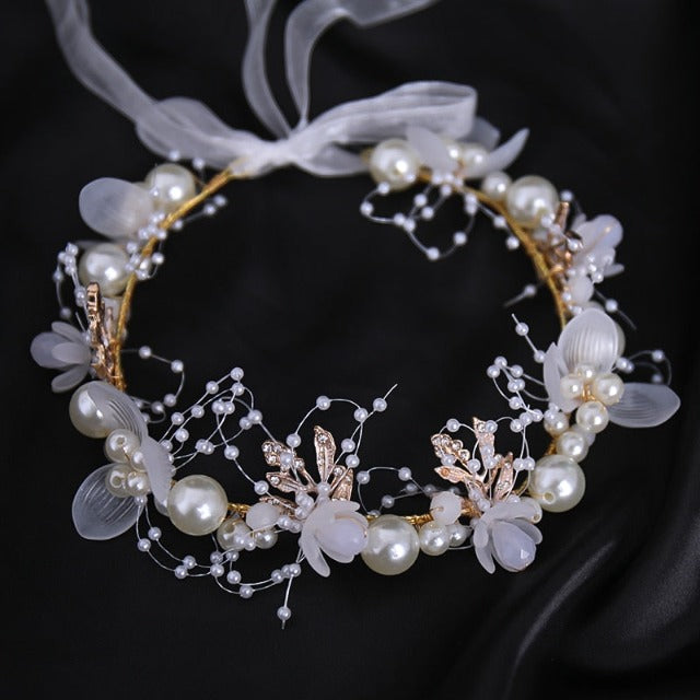 Wedding Crown with Flowers and Pearls for Women gold