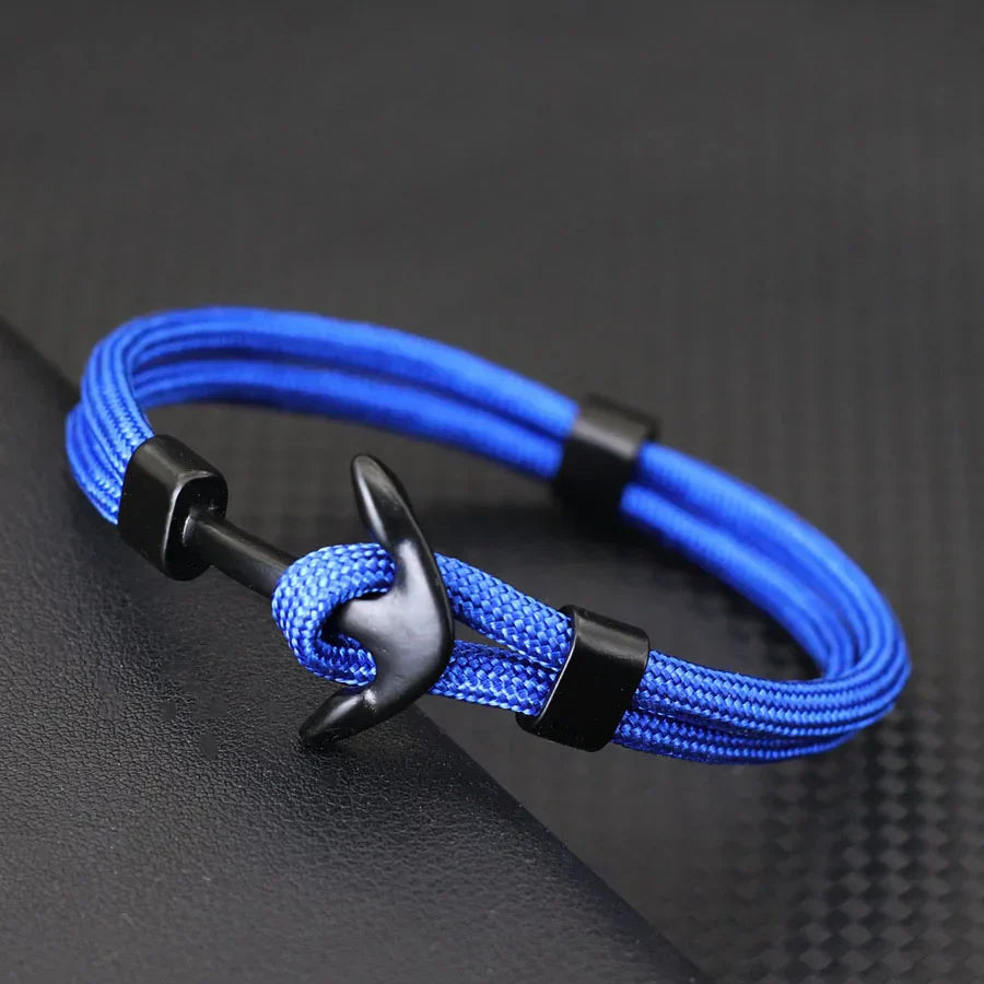 Black double anchor bracelet blue