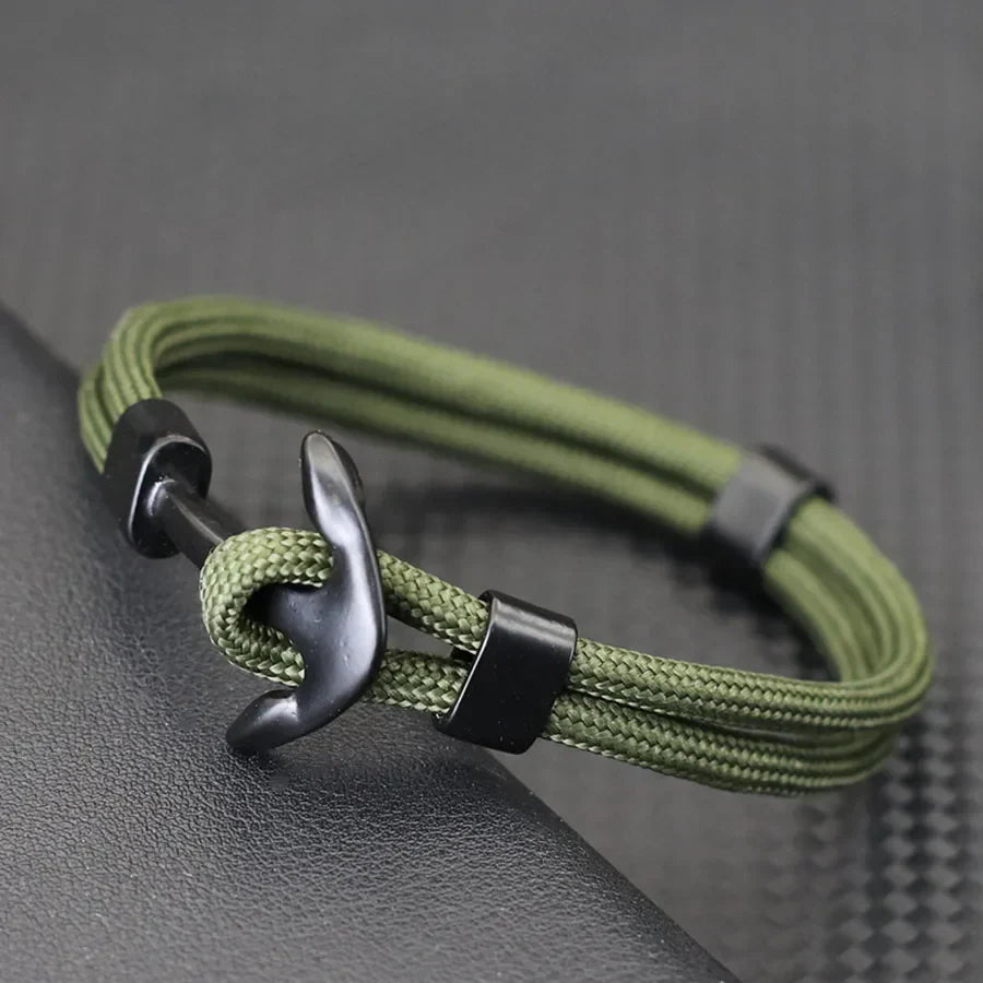 Black double anchor bracelet green