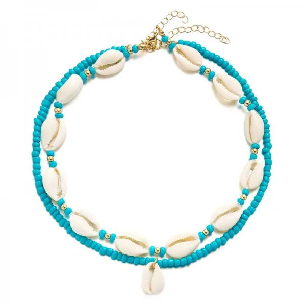 Double cowrie shell necklace turquoise