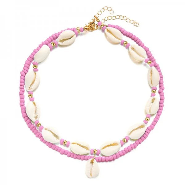 Double cowrie shell necklace pink