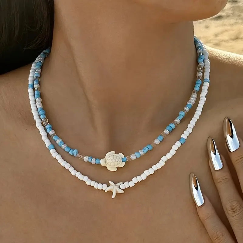 Double shell necklace and colored beads blue turtle