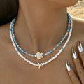 Double shell necklace and colored beads blue turtle