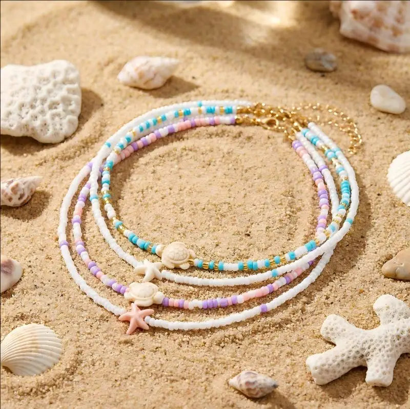 Double shell necklace and colored beads blue turtle