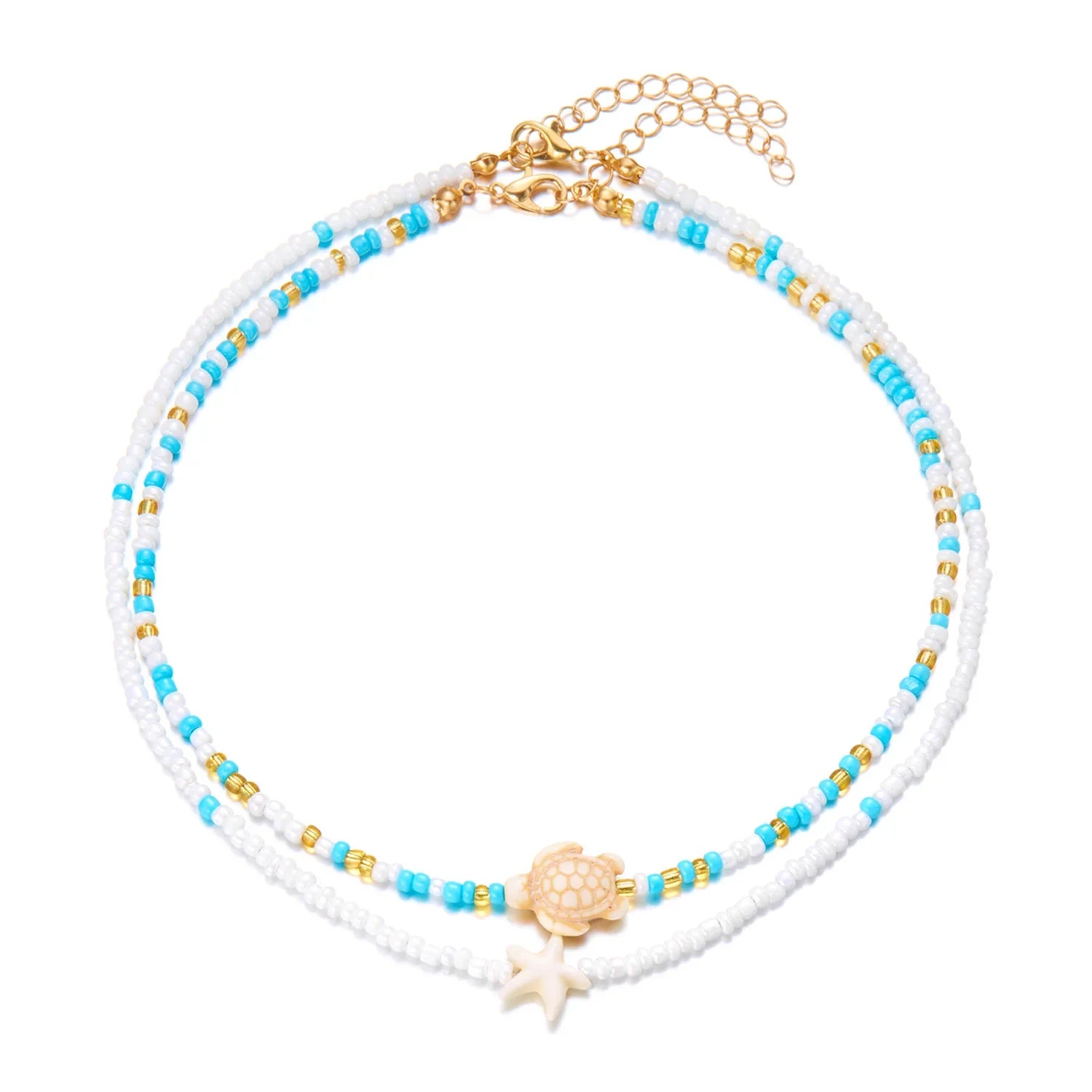 Double shell necklace and colored beads blue turtle
