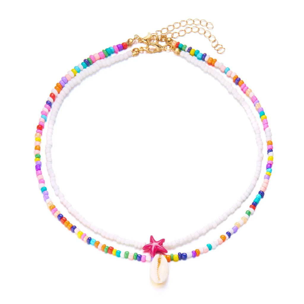 Double shell necklace and multicolored beads