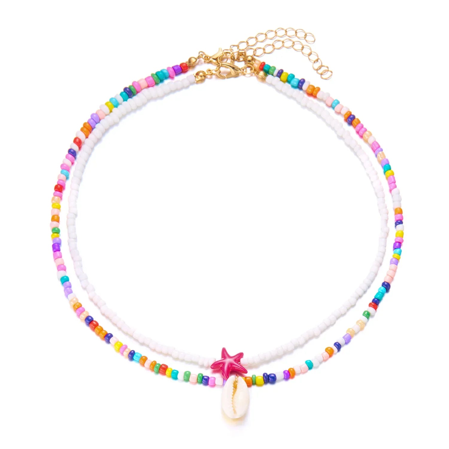 Double shell necklace and multicolored beads