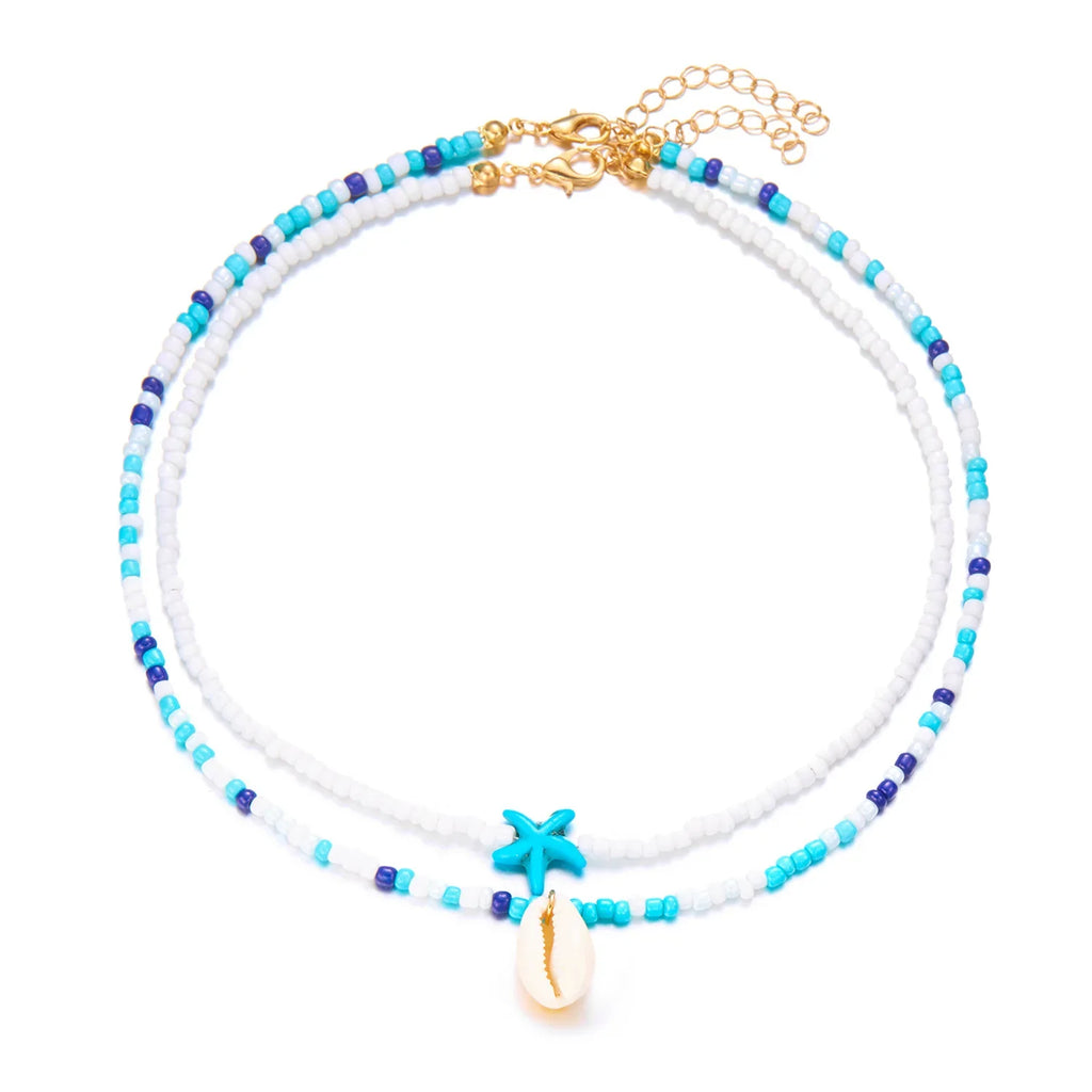 Double shell necklace and colored beads blue star