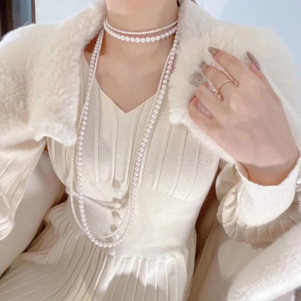 Long White Double-Strand Pearl Necklace for Women