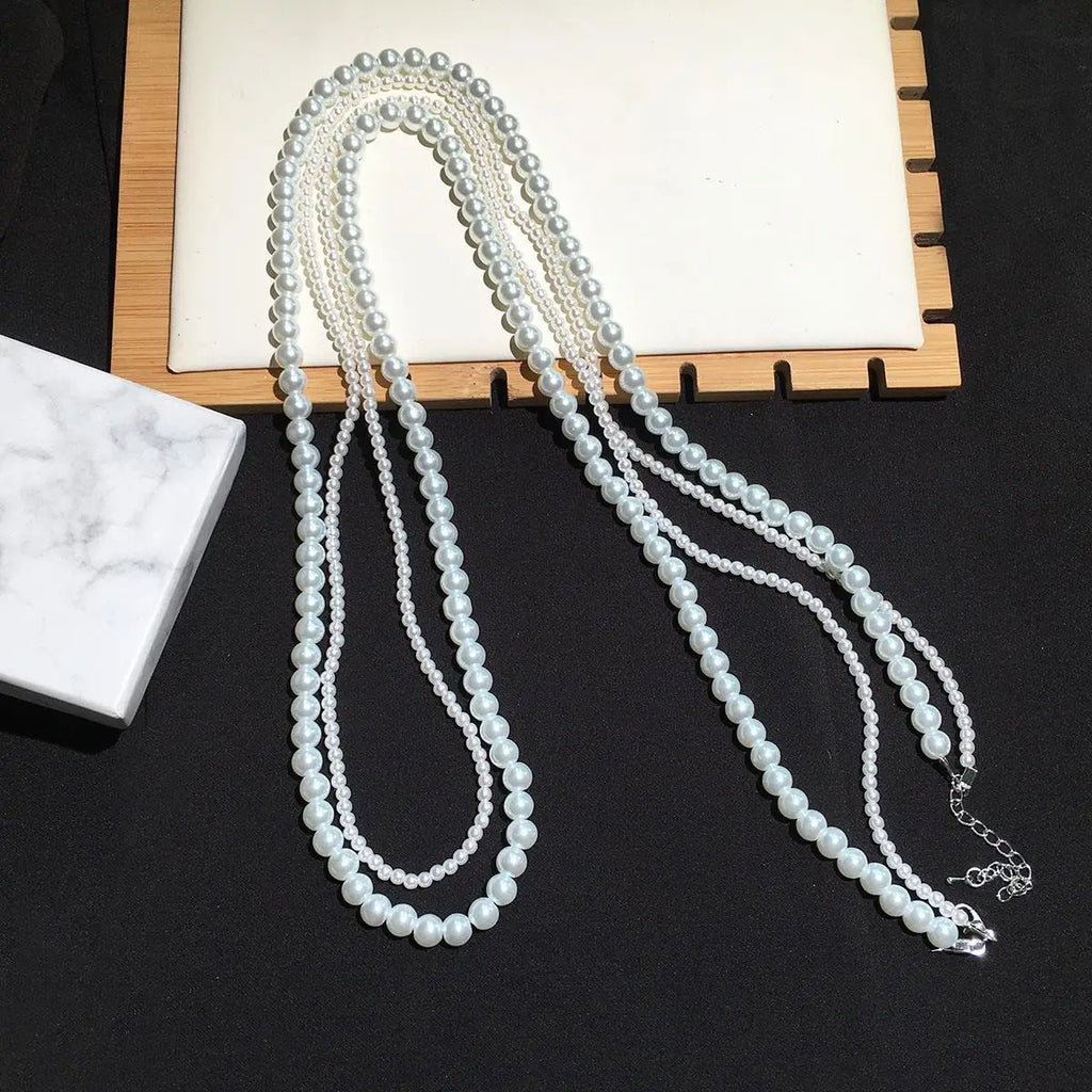 Long White Double-Strand Pearl Necklace for Women