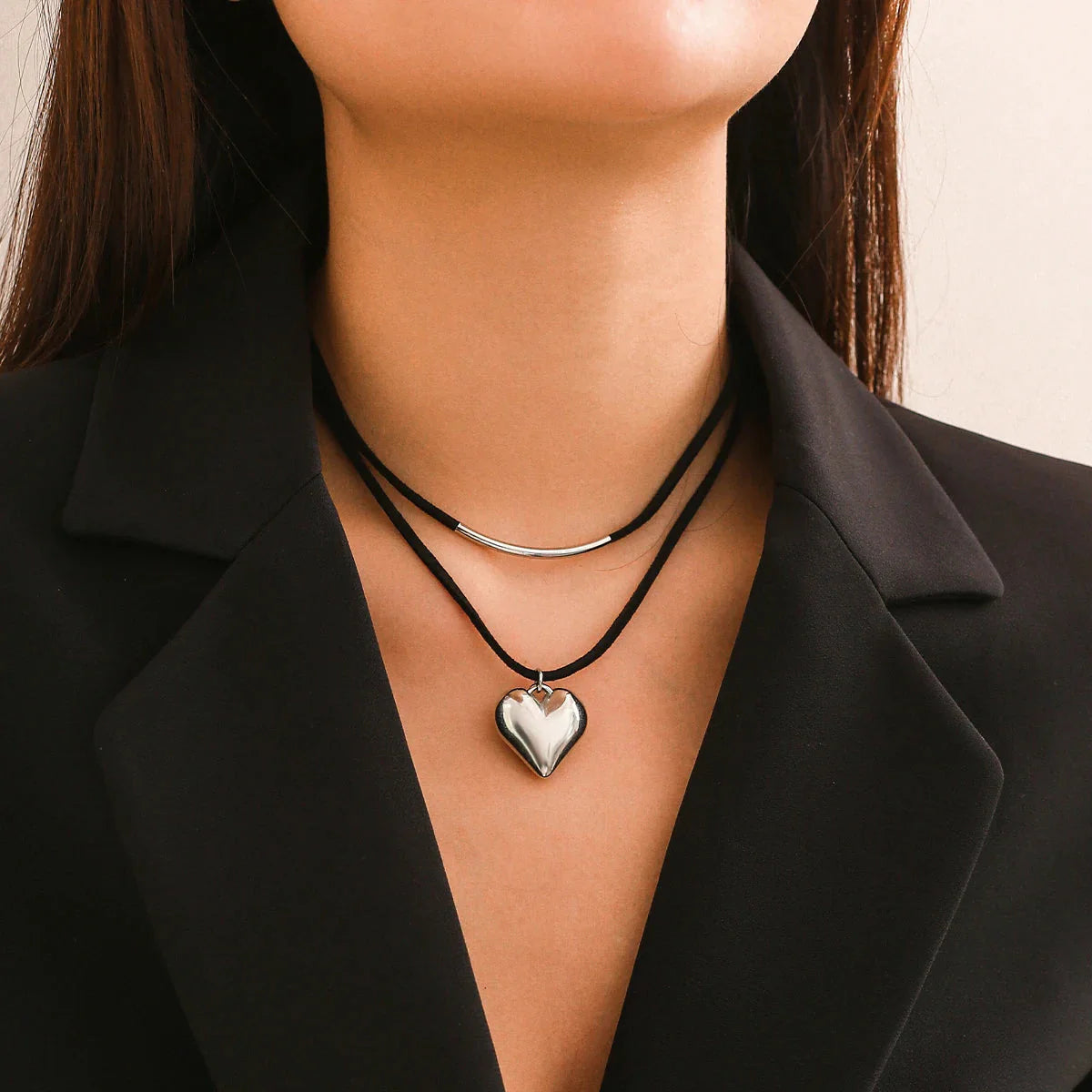 Double Heart Pendant Necklace Silver