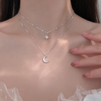 Double Moon and Star Pendant Necklace for Women