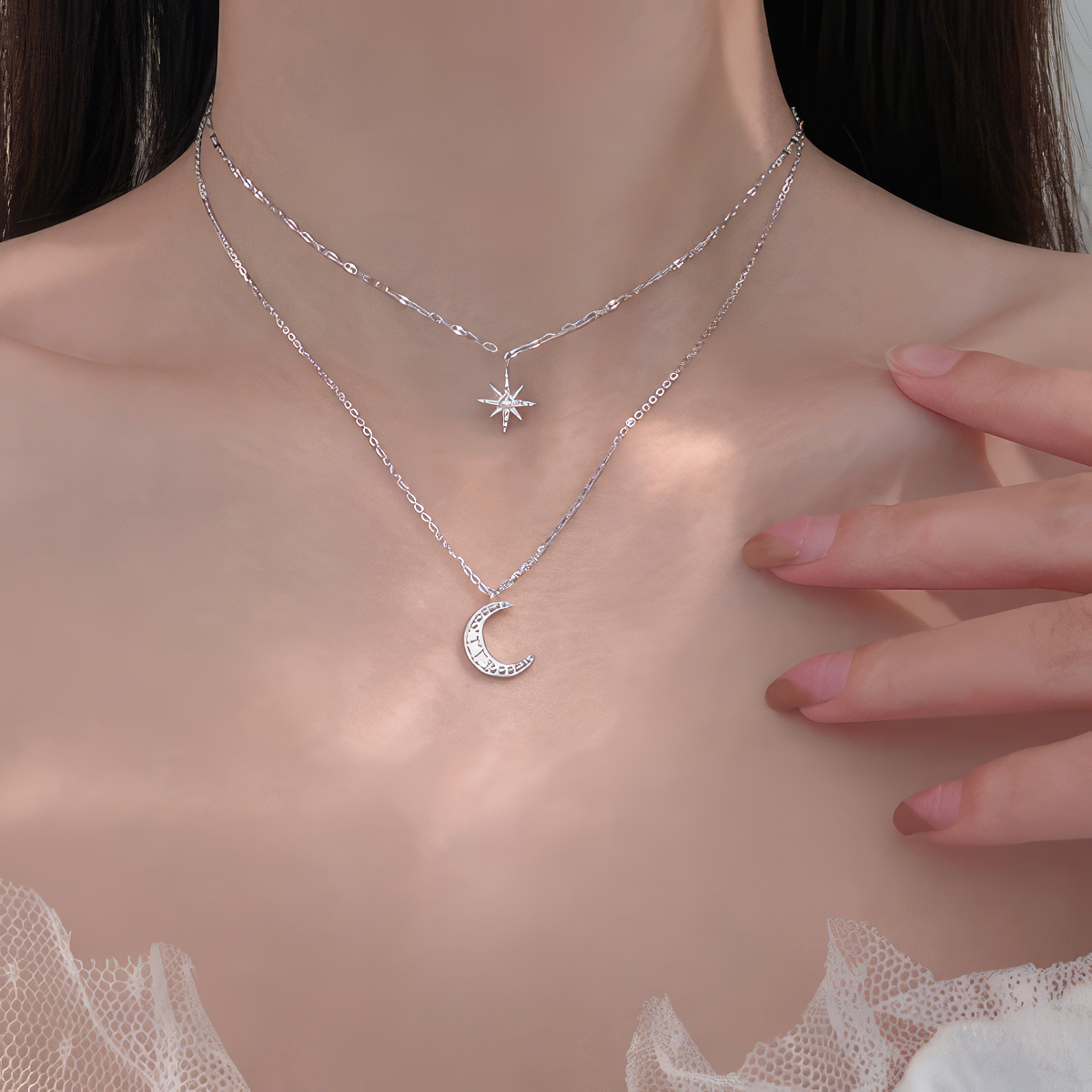 Double Moon and Star Pendant Necklace for Women