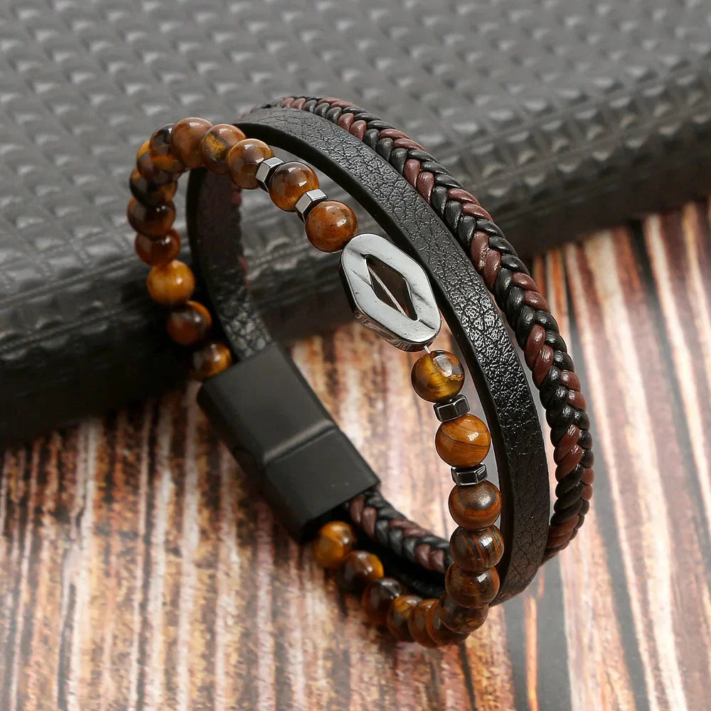 Men's Tiger's Eye Cuban Link Bracelet in Brown Leather and Metal