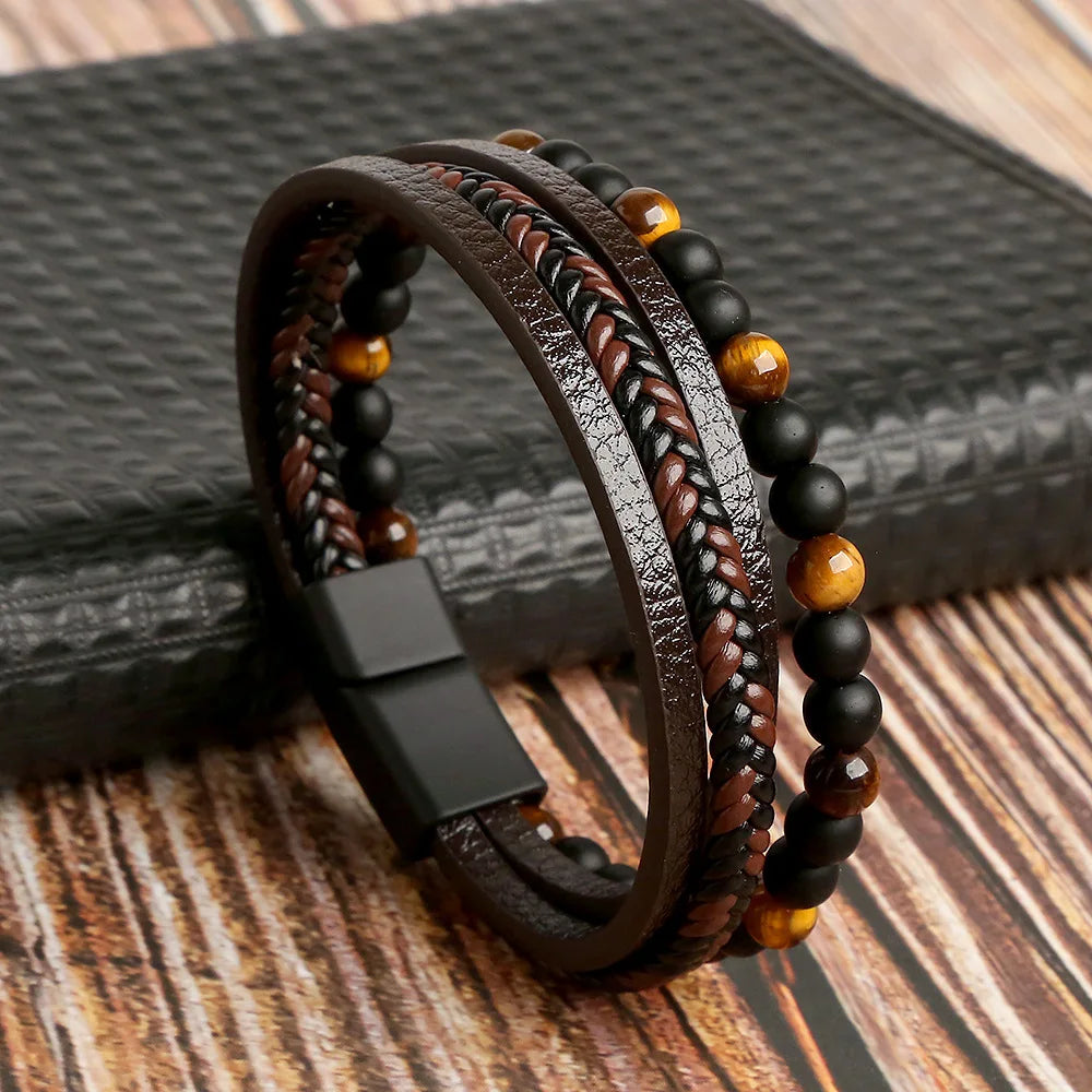 Men's Tiger's Eye Cuban Link Bracelet in Brown and Black Leather