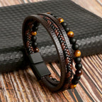 Men's Tiger's Eye Cuban Link Bracelet in Brown and Black Leather