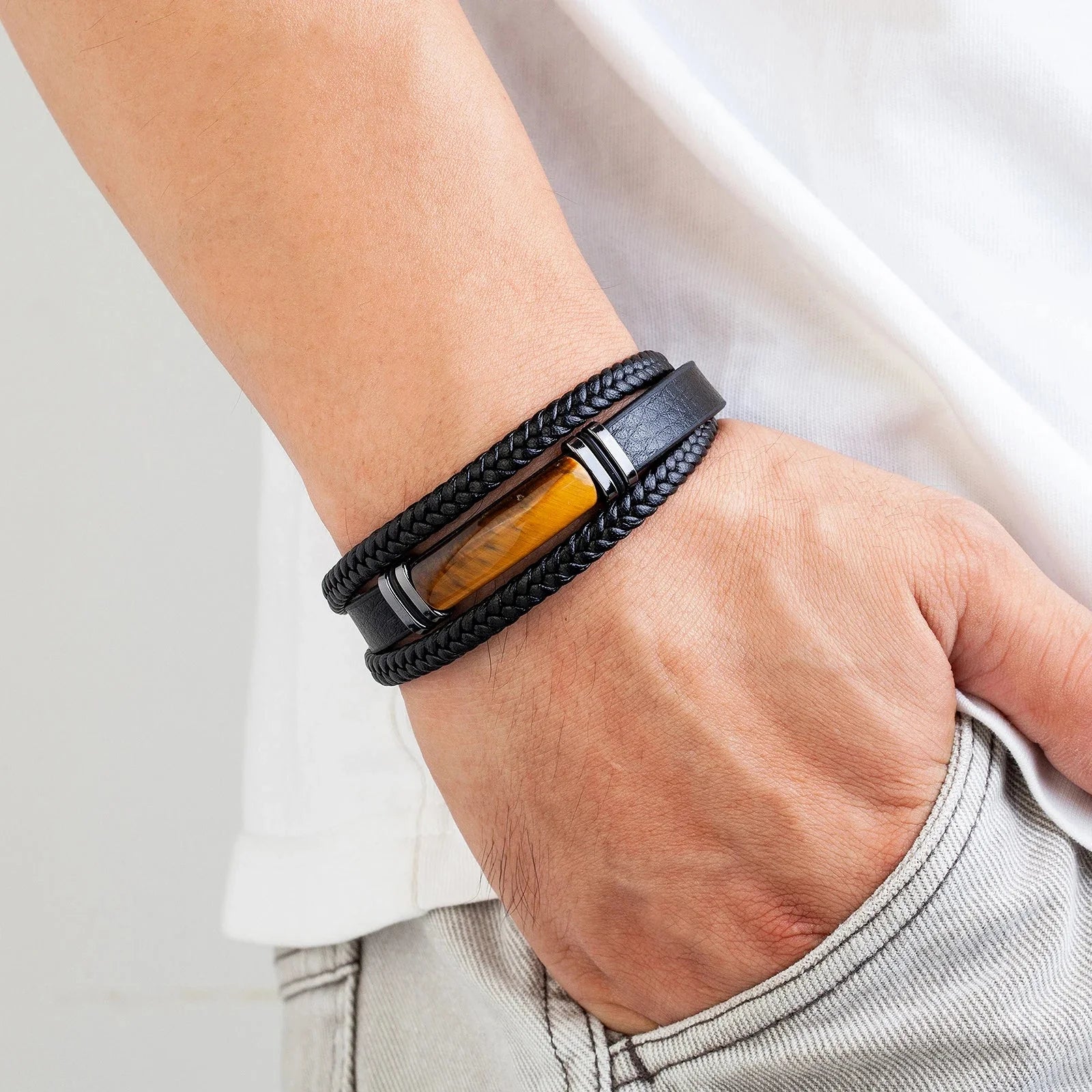 Tiger's Eye Leather Men's Bracelet