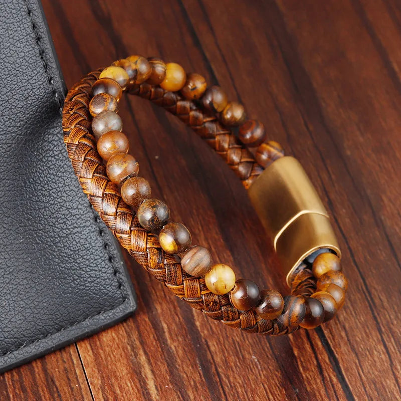 Tiger Eye Cuban Chain Leather & Stone Bracelet
