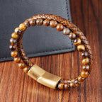 Tiger Eye Cuban Chain Leather & Stone Bracelet