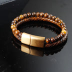 Tiger Eye Cuban Chain Leather & Stone Bracelet