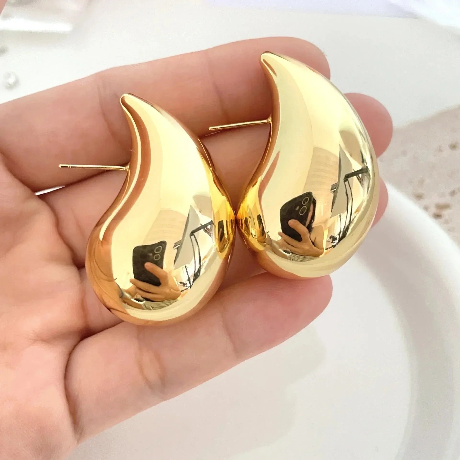 Large Water Drop Stud Earrings Gold