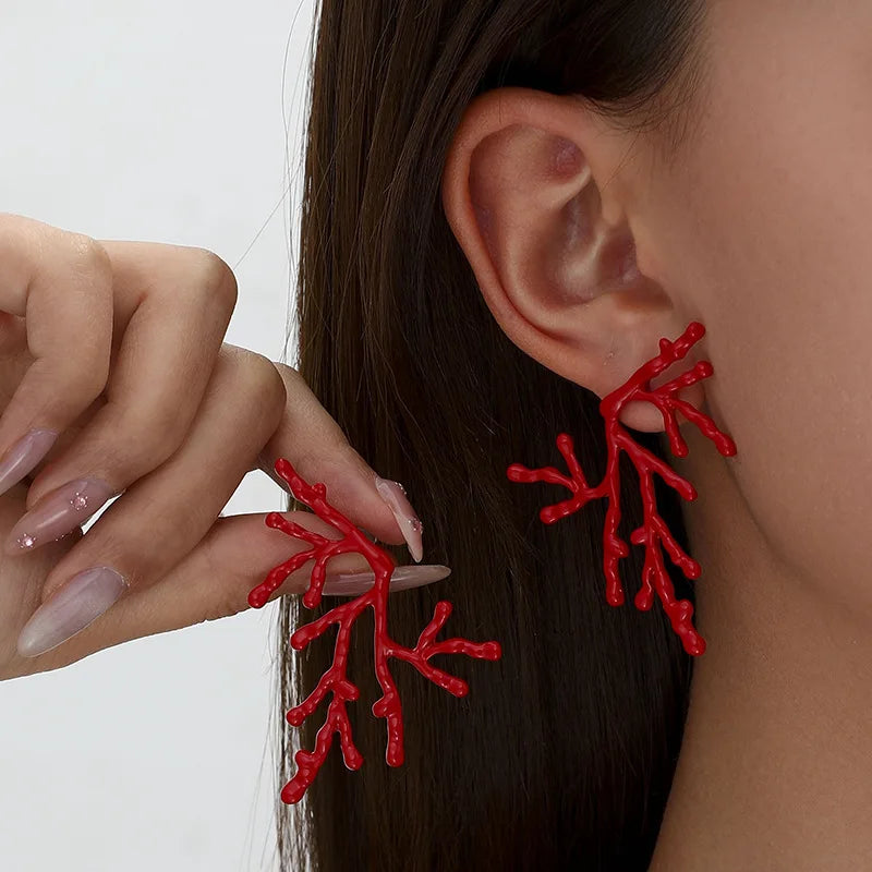 Large coral earrings for women red
