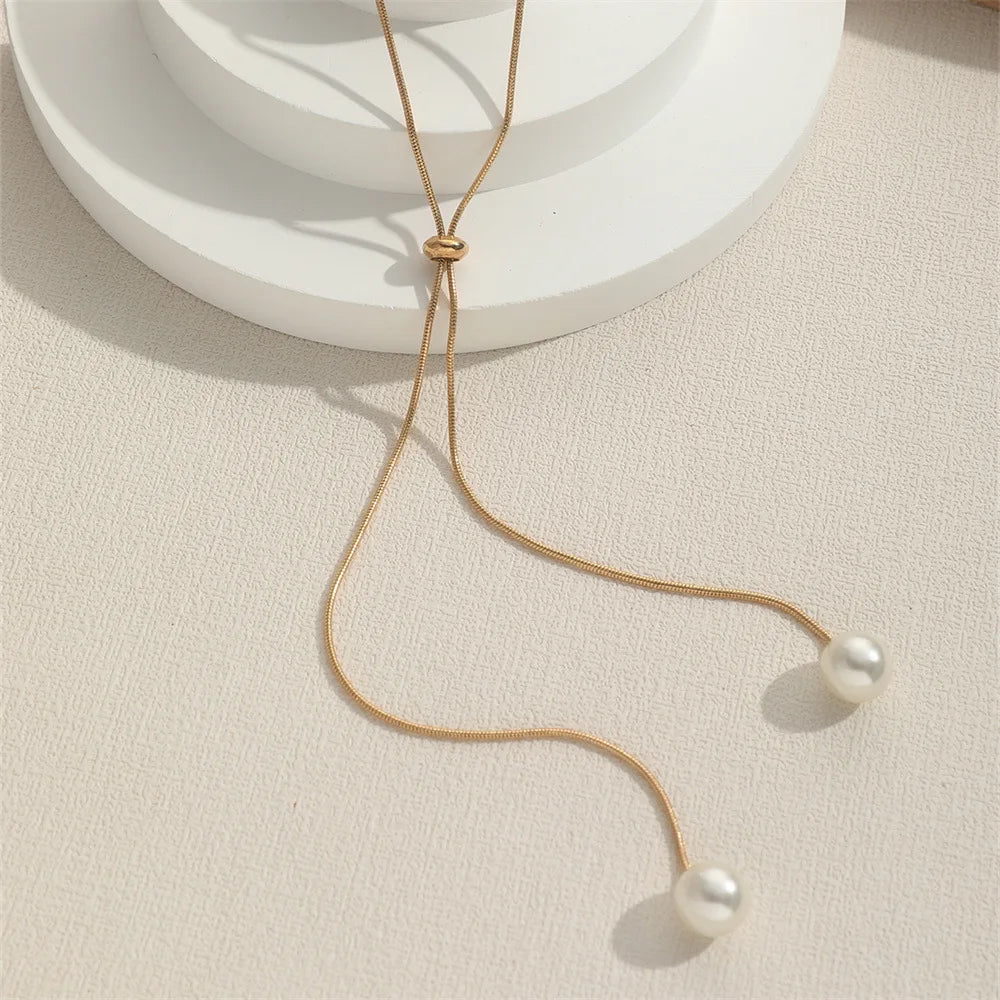 Long Pendant Necklace with Gold Beads