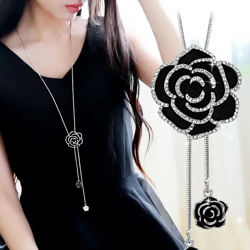 Long Black Flower Pendant Necklace