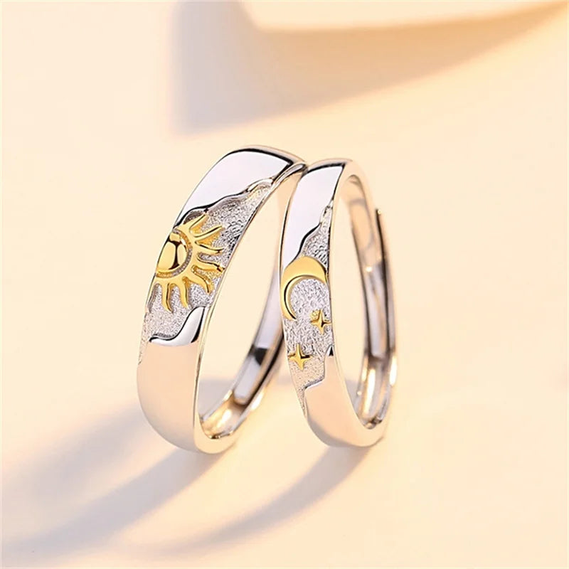 Set of 2 Couple Rings Moon and Sun Zircon Band