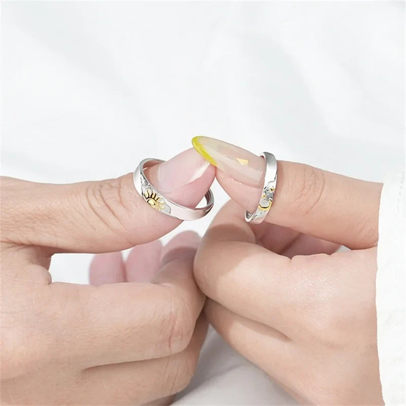 Set of 2 Couple Rings Moon and Sun Zircon Band