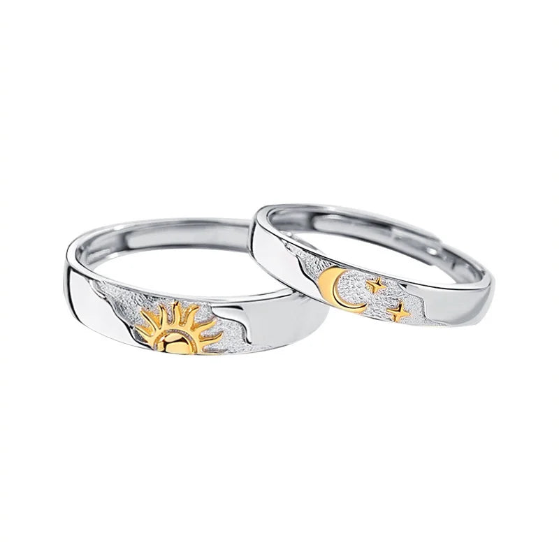Set of 2 Couple Rings Moon and Sun Zircon Band
