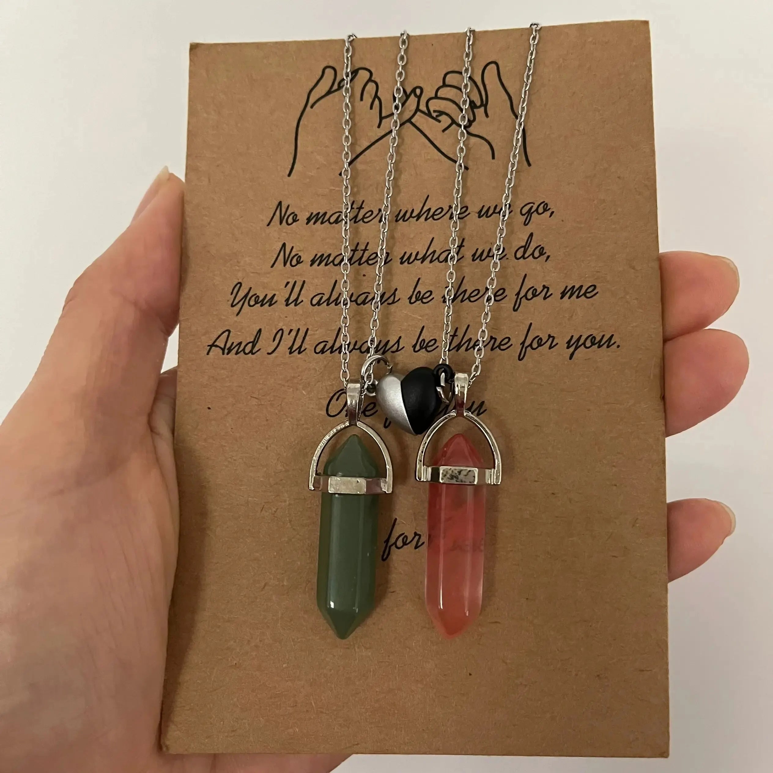 Set of 2 Stone Pendant Necklaces for Couples pink and green